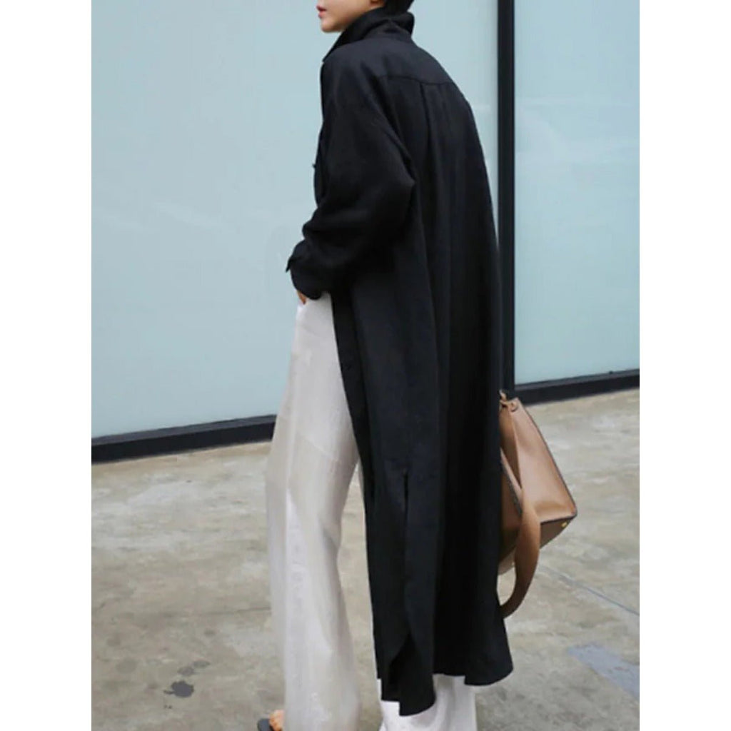 Muslim Casual Elegance Linen-Blend Shirt Dress | Modest Maxi with Button Front & Side Slits (MS096)
