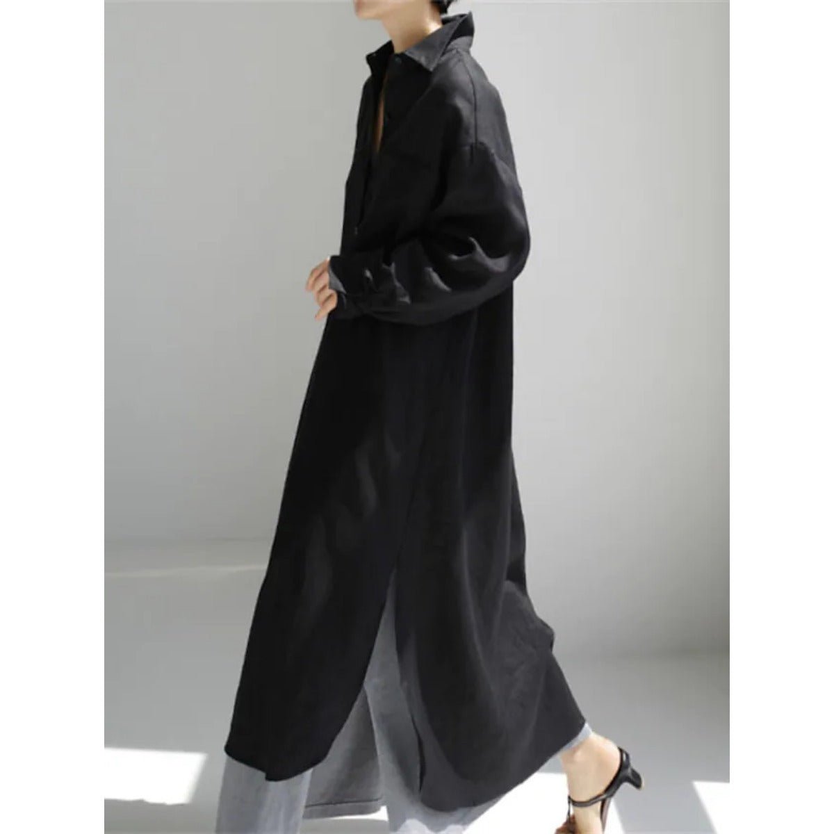 Muslim Casual Elegance Linen-Blend Shirt Dress | Modest Maxi with Button Front & Side Slits (MS096)