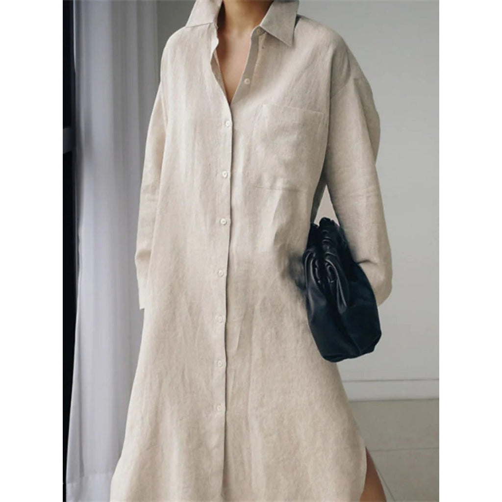 Muslim Casual Elegance Linen-Blend Shirt Dress | Modest Maxi with Button Front & Side Slits (MS096)