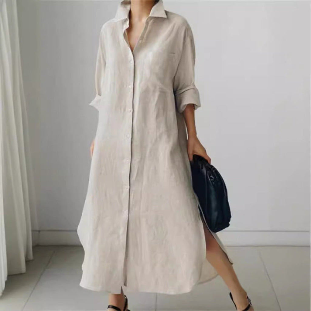 Muslim Casual Elegance Linen-Blend Shirt Dress | Modest Maxi with Button Front & Side Slits (MS096)