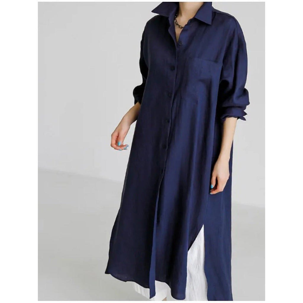 Muslim Casual Elegance Linen-Blend Shirt Dress | Modest Maxi with Button Front & Side Slits (MS096)