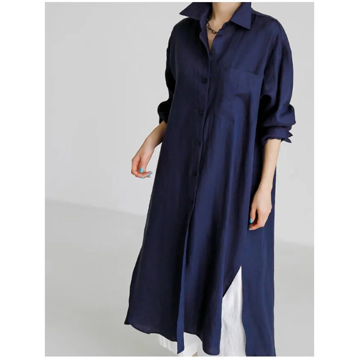 Muslim Casual Elegance Linen-Blend Shirt Dress | Modest Maxi with Button Front & Side Slits (MS096)