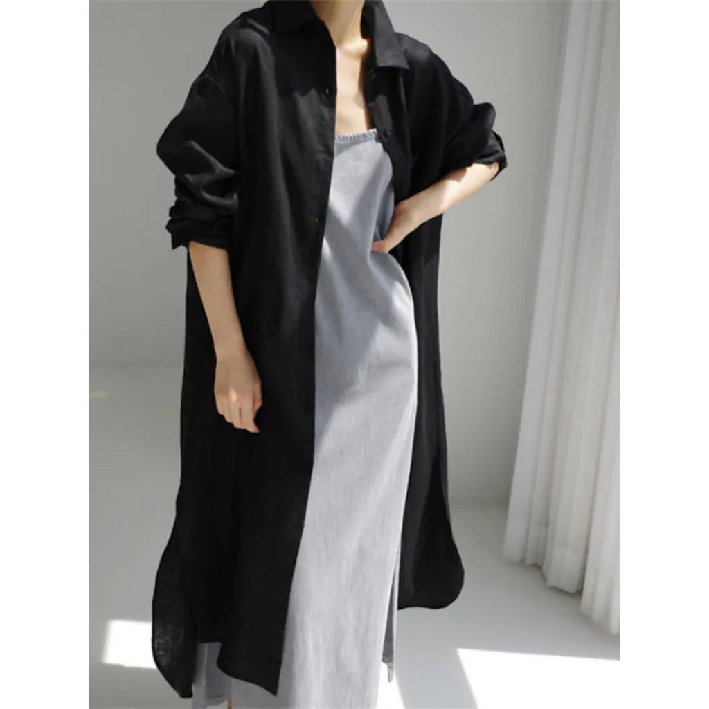 Muslim Casual Elegance Linen-Blend Shirt Dress | Modest Maxi with Button Front & Side Slits (MS096)