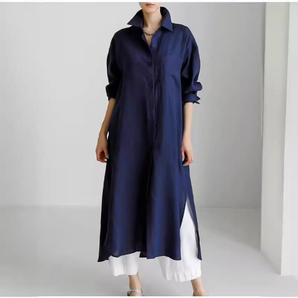 Muslim Casual Elegance Linen-Blend Shirt Dress | Modest Maxi with Button Front & Side Slits (MS096)