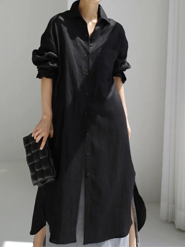 Muslim Casual Elegance Linen-Blend Shirt Dress | Modest Maxi with Button Front & Side Slits (MS096)