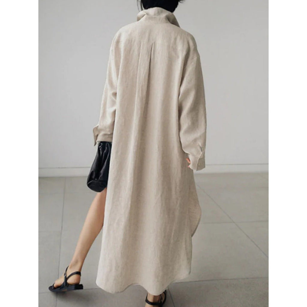 Muslim Casual Elegance Linen-Blend Shirt Dress | Modest Maxi with Button Front & Side Slits (MS096)