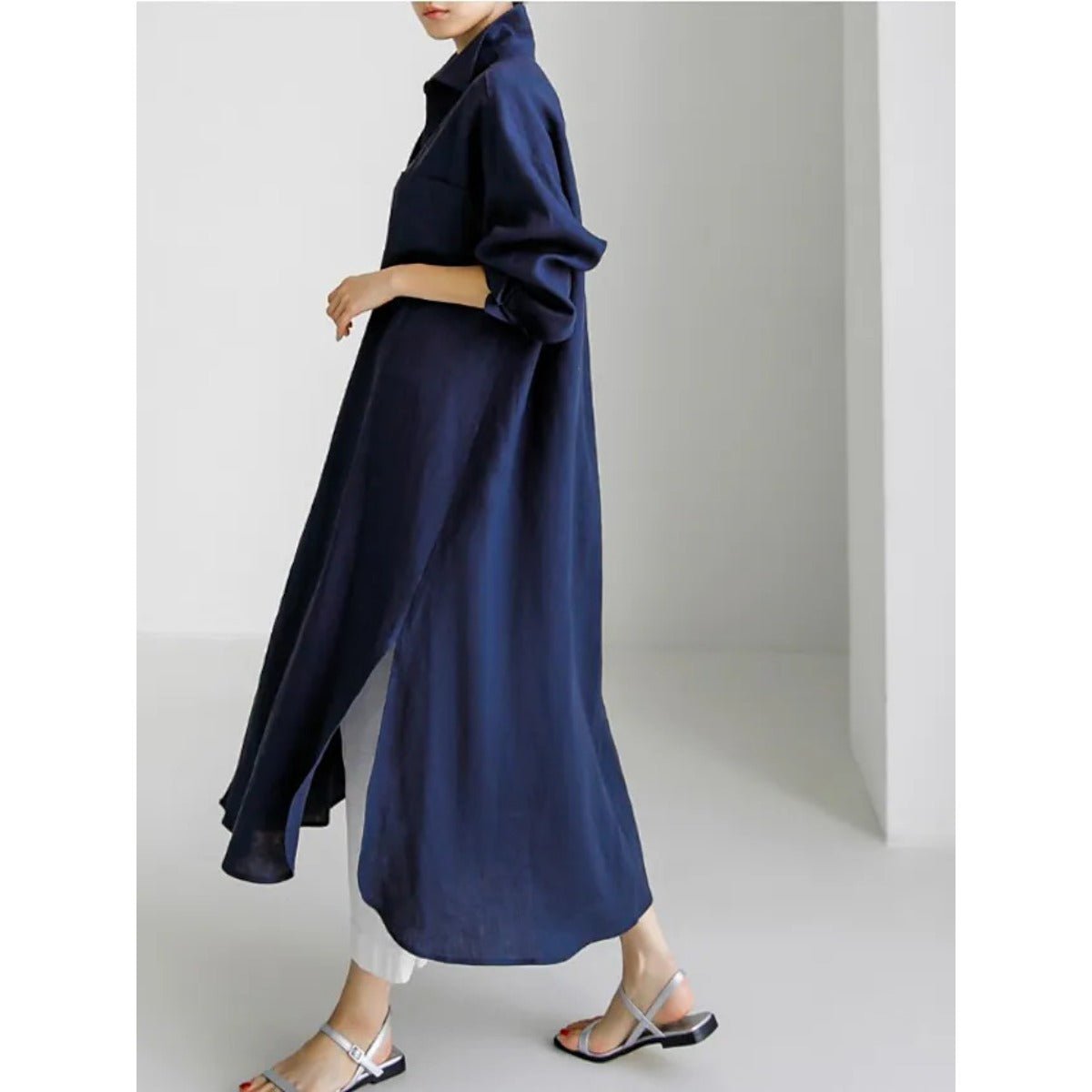 Muslim Casual Elegance Linen-Blend Shirt Dress | Modest Maxi with Button Front & Side Slits (MS096)