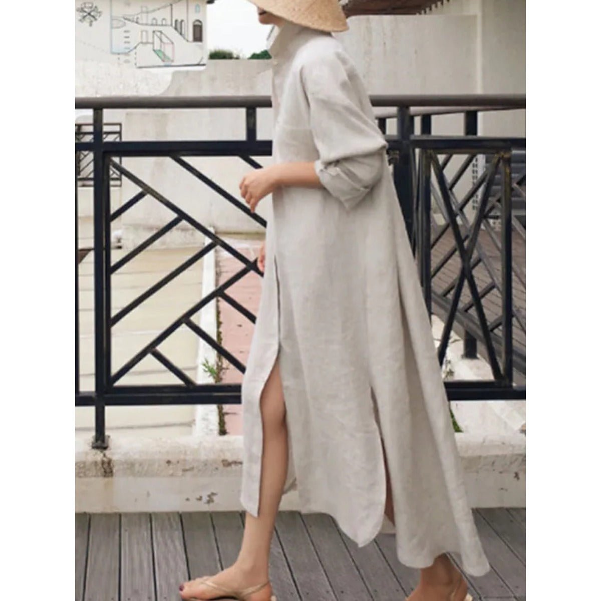 Muslim Casual Elegance Linen-Blend Shirt Dress | Modest Maxi with Button Front & Side Slits (MS096)