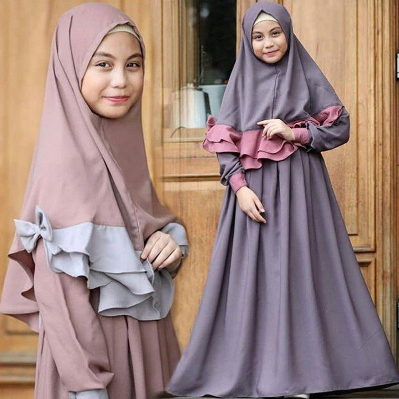 Muslim Girls Dress & Bow Hijab Set with Ruffle Trim (MKG026)