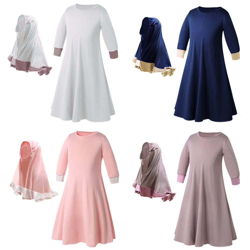 Muslim Girls Dress & Bow Hijab Set with Ruffle Trim (MKG026)