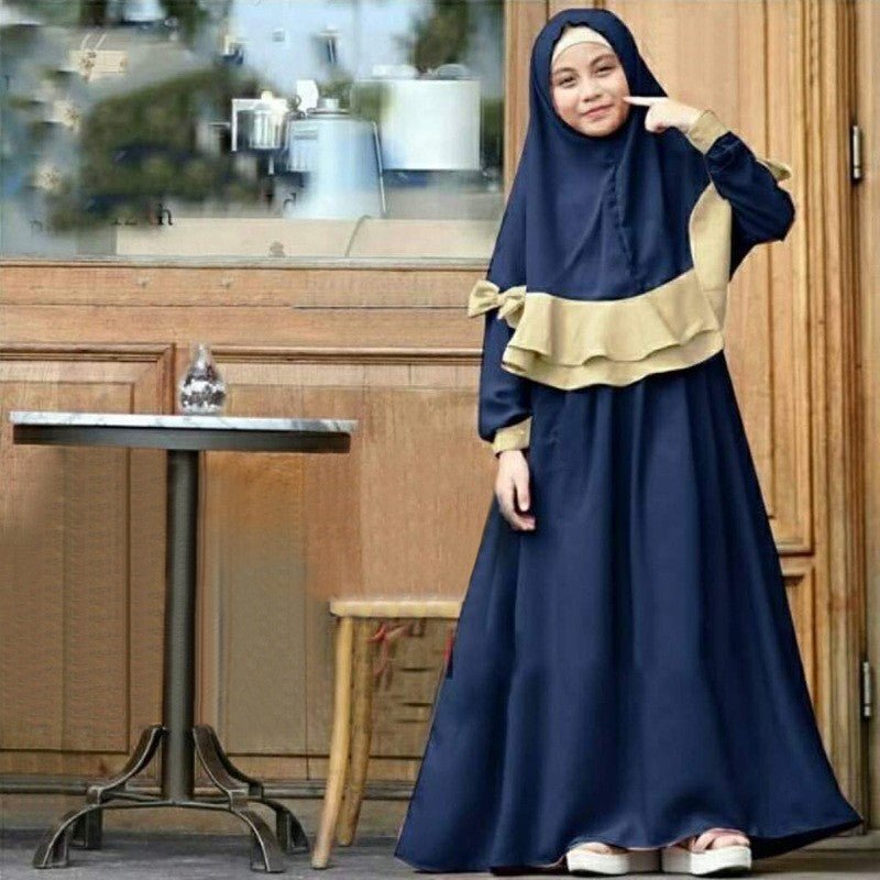 Muslim Girls Dress & Bow Hijab Set with Ruffle Trim (MKG026)