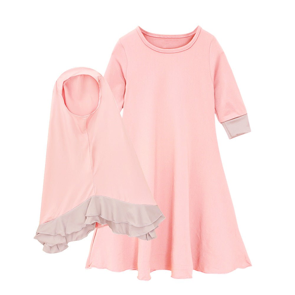 Muslim Girls Dress & Bow Hijab Set with Ruffle Trim (MKG026)