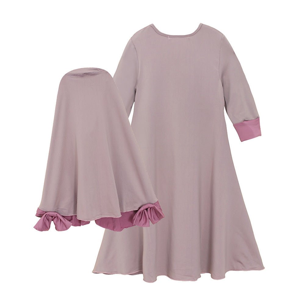 Muslim Girls Dress & Bow Hijab Set with Ruffle Trim (MKG026)