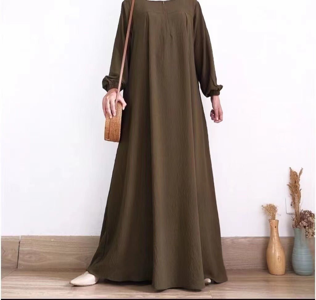 Muslim Luxury Autumn Hues Bubble Sleeve Dress | Modest Robe with Placket Zip (MA255)