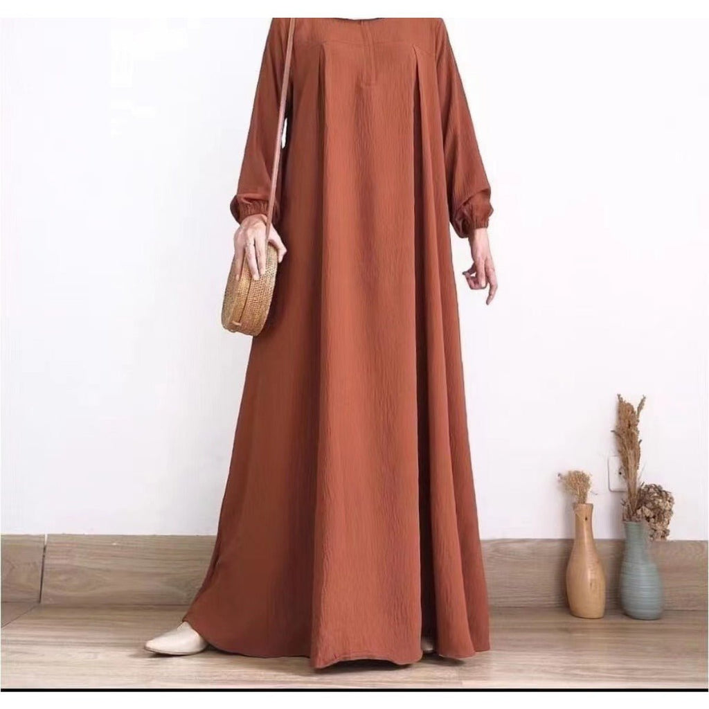 Muslim Luxury Autumn Hues Bubble Sleeve Dress | Modest Robe with Placket Zip (MA255)