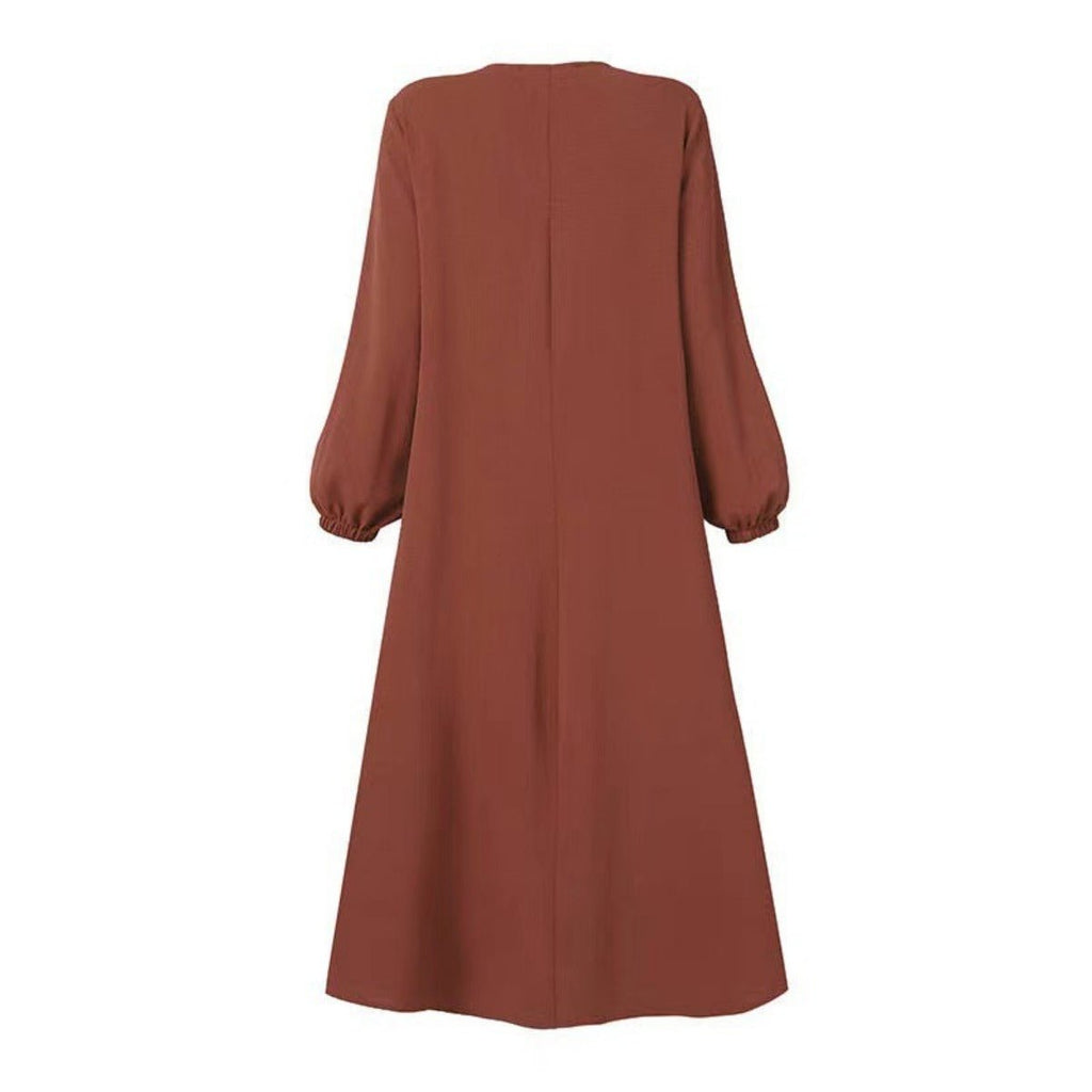 Muslim Luxury Autumn Hues Bubble Sleeve Dress | Modest Robe with Placket Zip (MA255)