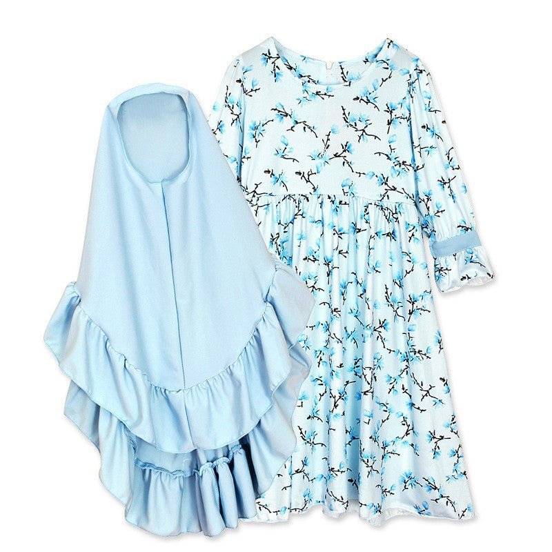 Muslimah Girls Blue Floral Dress & Khimar Set (MKG027)