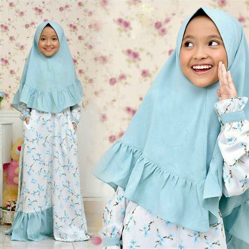 Muslimah Girls Blue Floral Dress & Khimar Set (MKG027)