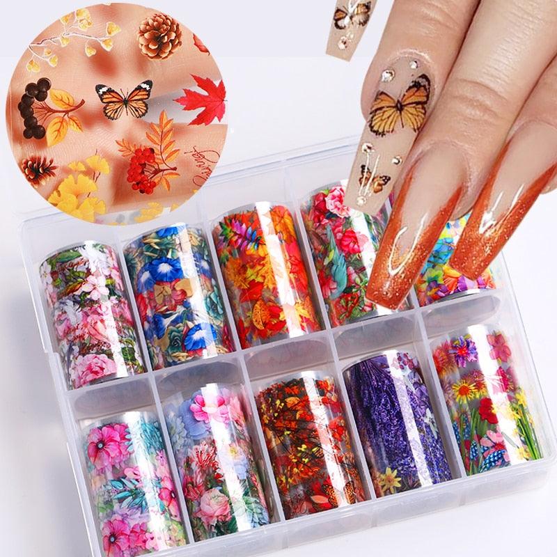 Nail Foils Fall Design Maple Leaves Flower Golden Nail Sliders Snake Leopard Decor Paper Nail Art Sticker Set Decals for Women Nail Decorations Accessories Metal Curve Stripe Lines Design Letter Nail Sticker Adhesive Decoration