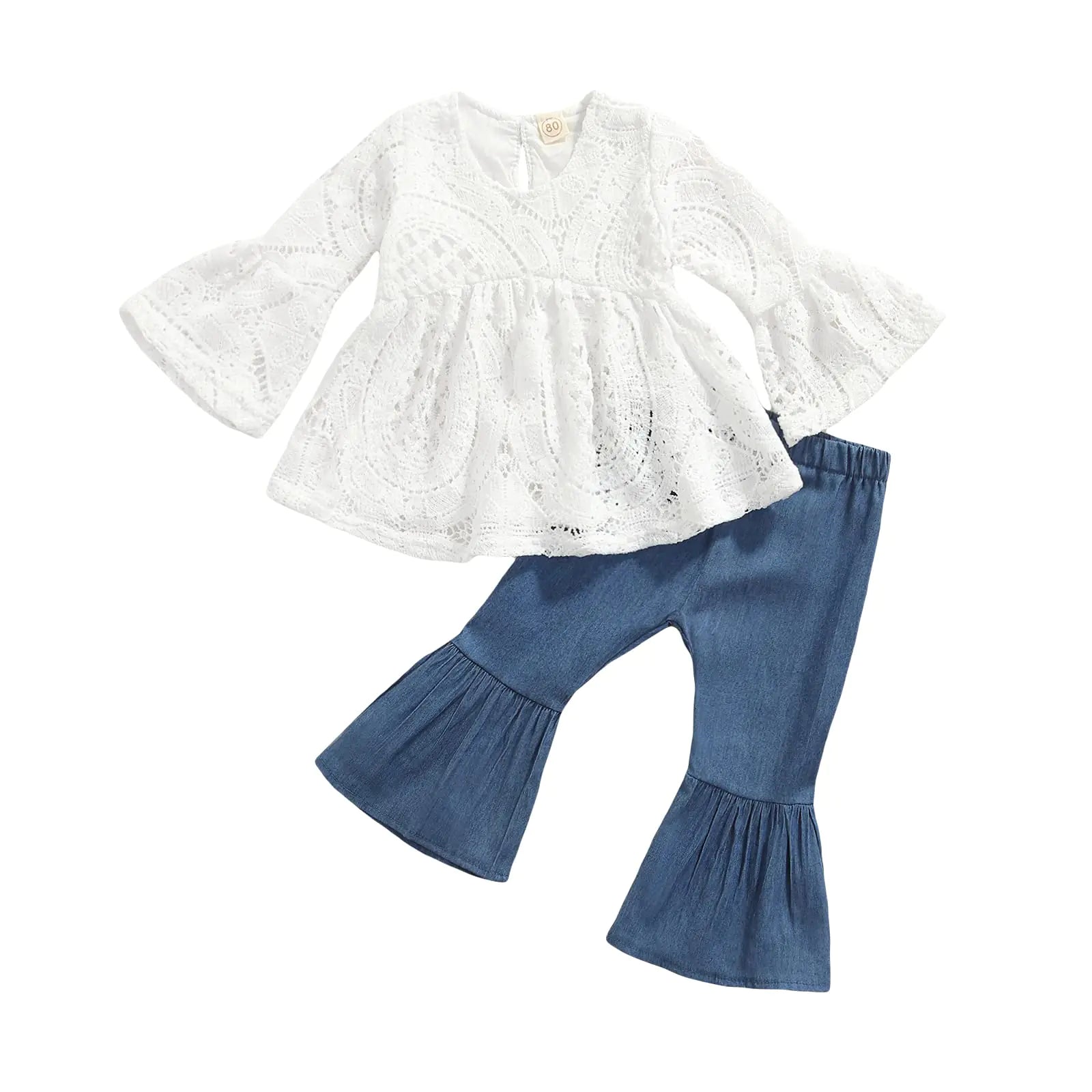 NANYKNIGHTY | Toddler Baby Girl Outfit | Infant Girl Solid Clothes | Lace Top Flare | Pant Bell-bottoms | 2Pcs | White Top | 18-24 Months - # BAAA51210032