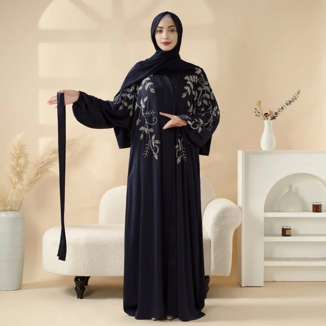 Navy Blue Pleated Abaya Set | Beaded Robe Abaya with Silver Embroidery (MOA168)