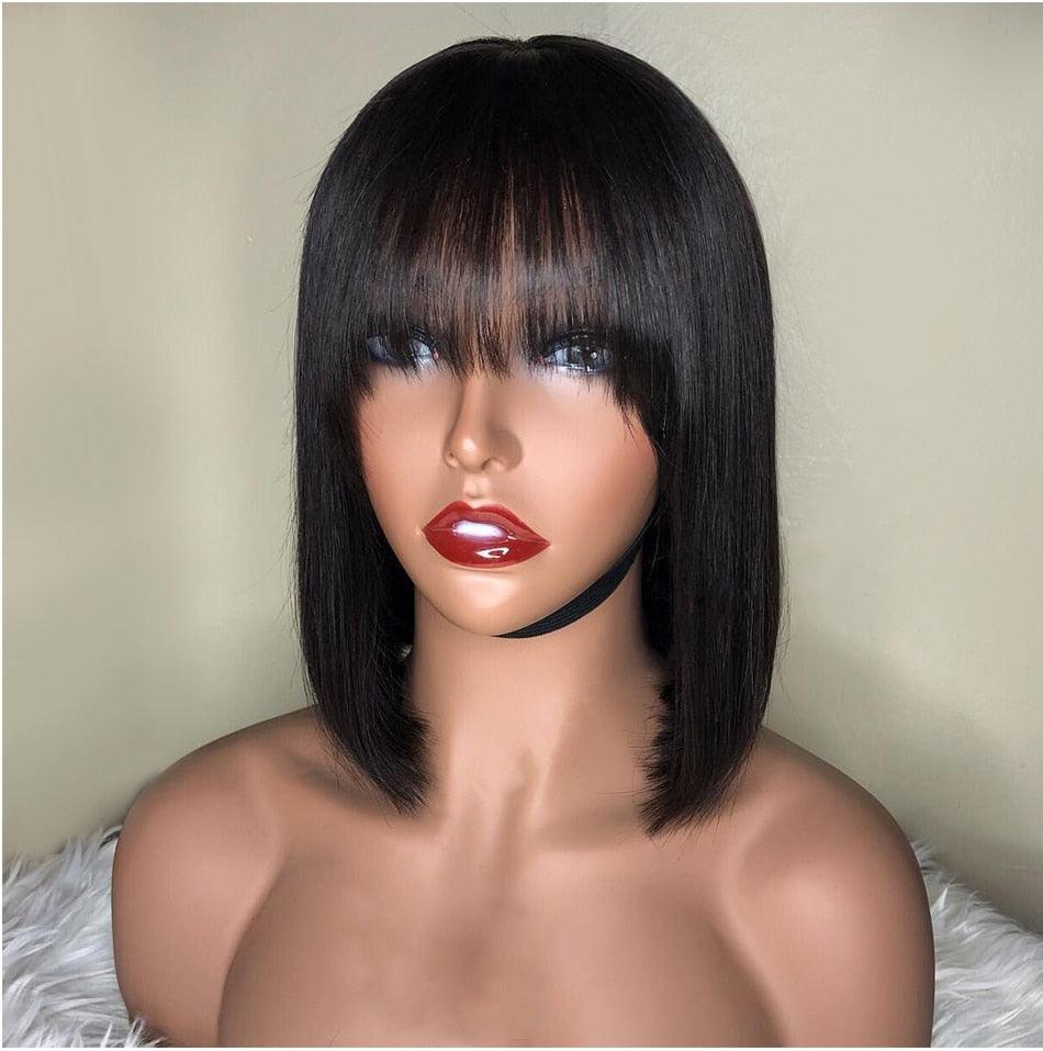 New Arrival Burgundy Red Short Human Hair Wig With Fringe for Women Straight Remy Hair Bob Wigs With Bangs Dark Brown Balayage Color Wigs For Cosplay