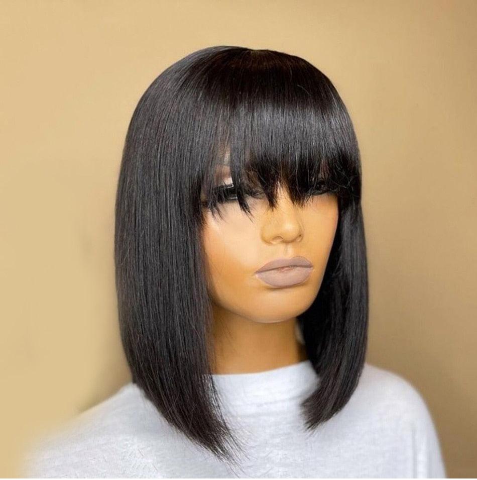 New Arrival Burgundy Red Short Human Hair Wig With Fringe for Women Straight Remy Hair Bob Wigs With Bangs Dark Brown Balayage Color Wigs For Cosplay