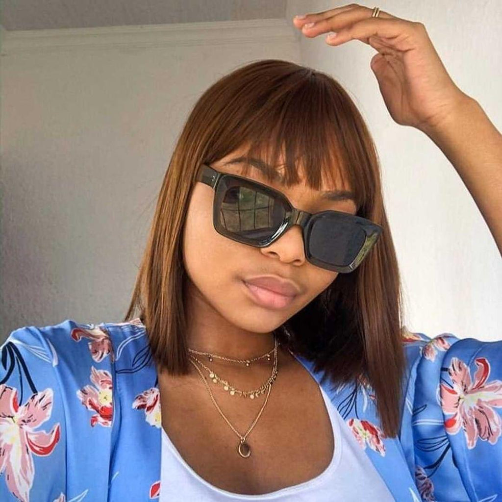 New Arrival Burgundy Red Short Human Hair Wig With Fringe for Women Straight Remy Hair Bob Wigs With Bangs Dark Brown Balayage Color Wigs For Cosplay