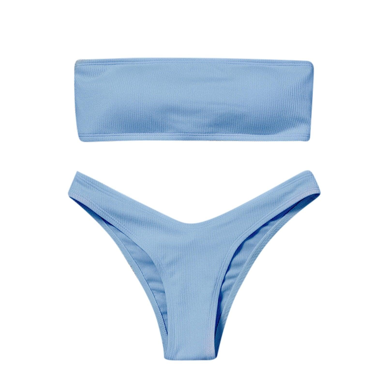 New Bikini High Waist Strapless Bikini Women Swimwear Women Swimsuit Padded Bathing Suit Pure Color Women's Bandeau Bikini Top-High Leg High Waist Bikini Bottom Set