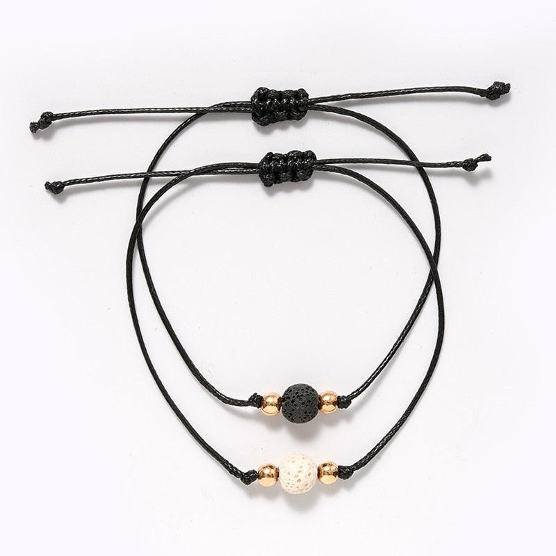 New Charm Bracelet For Friendship Couples 2pcs/set Volcanic Stone Bracelet Bead Bangles Natural Stone Bracelets Set Friendship Hand Woven Braided Stretch String Adjustable For Couples