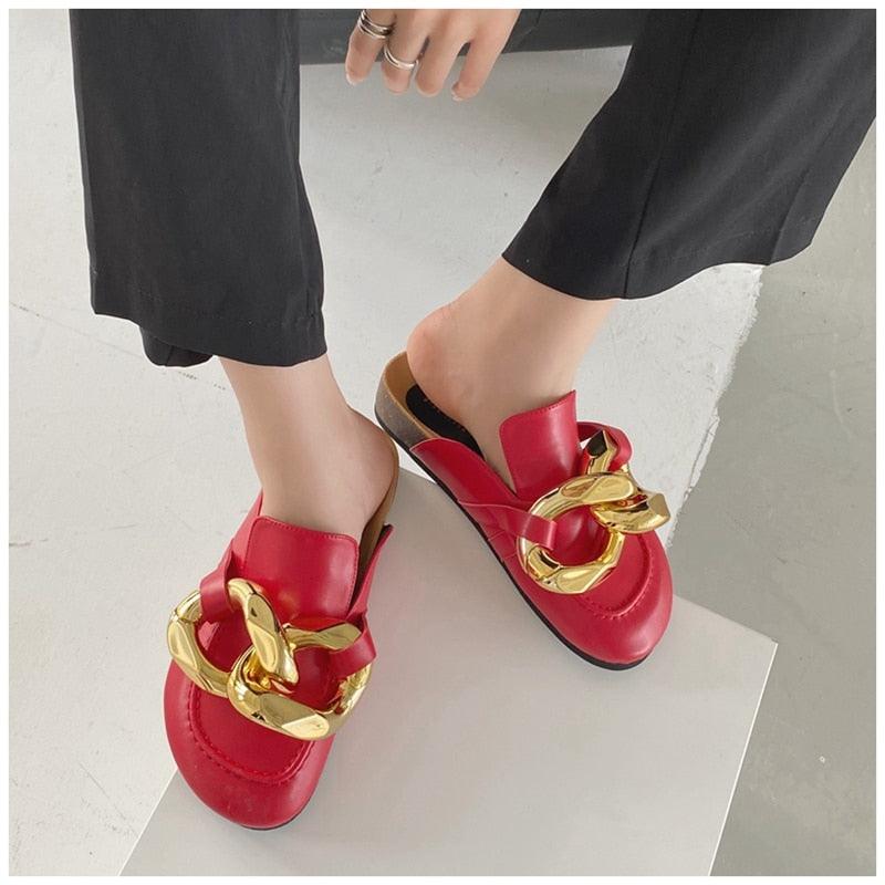 Gold Chain Women Slipper Closed Toe Slip On Mules Shoes Round Toe Low Heels Casual Slides Flat Sandals Slip On Slide Sandals Elegant Heels Slides Slippers