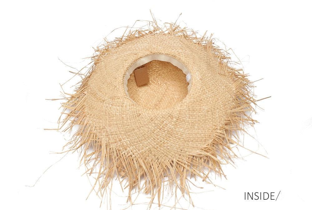 New Handmade Women Straw Sun Hats Large Wide Flat Top Wide Hat Beach Hat Lady Holiday Sun Protection Hat Girls Quality Natural Outdoor Sun Caps For Holiday Vintage Design Hat