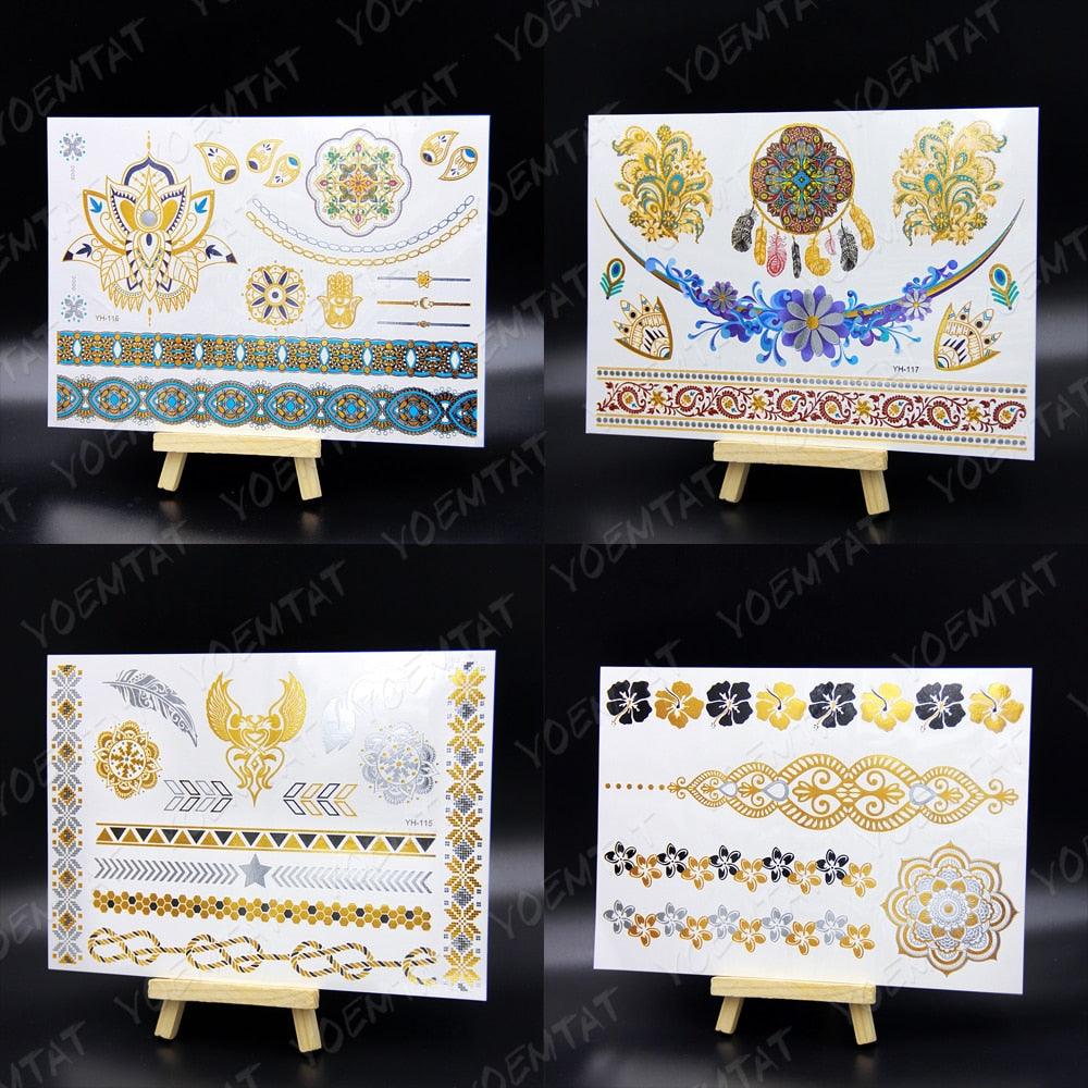 New Waterproof Temporary Tattoo Sticker Golden Silver Flower Jewelry Flash Fashion Different Design Tattoos For Womens
