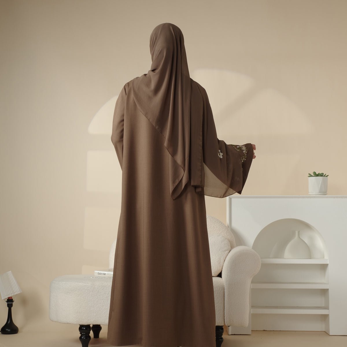 Olive Branch Embroidered Linen Abaya Set With Matching Belt & Hijab (MOA037)