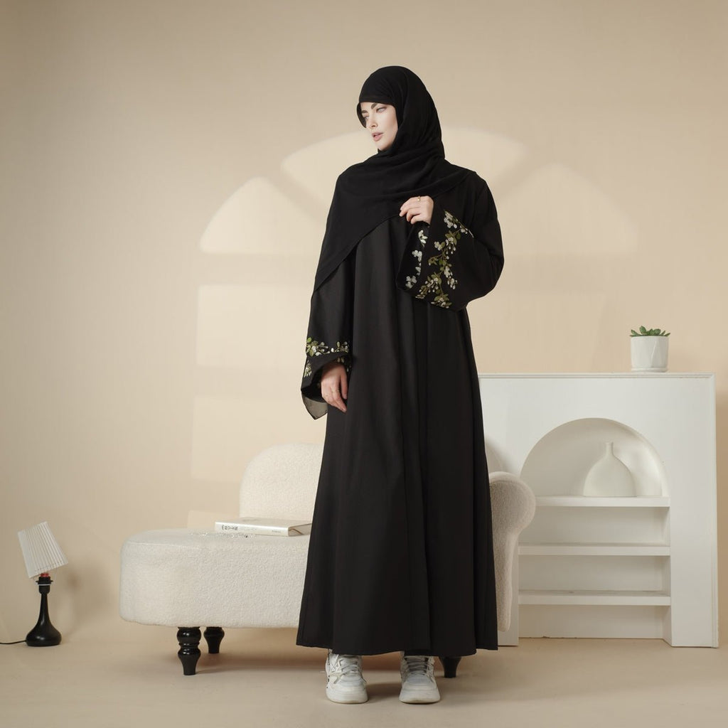 Olive Branch Embroidered Linen Abaya Set With Matching Belt & Hijab (MOA037)