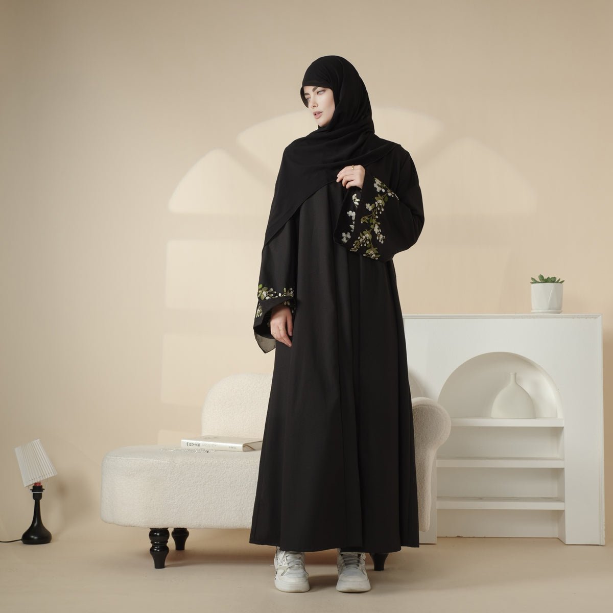 Olive Branch Embroidered Linen Abaya Set With Matching Belt & Hijab (MOA037)