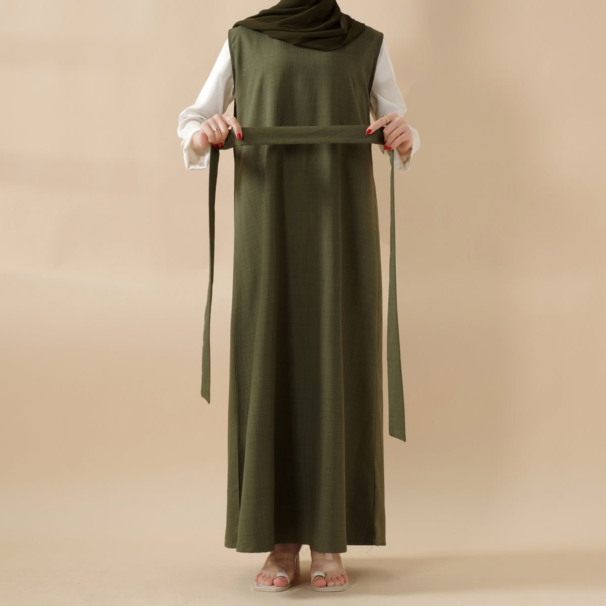 Olive Branch Embroidered Linen Abaya Set With Matching Belt & Hijab (MOA037)