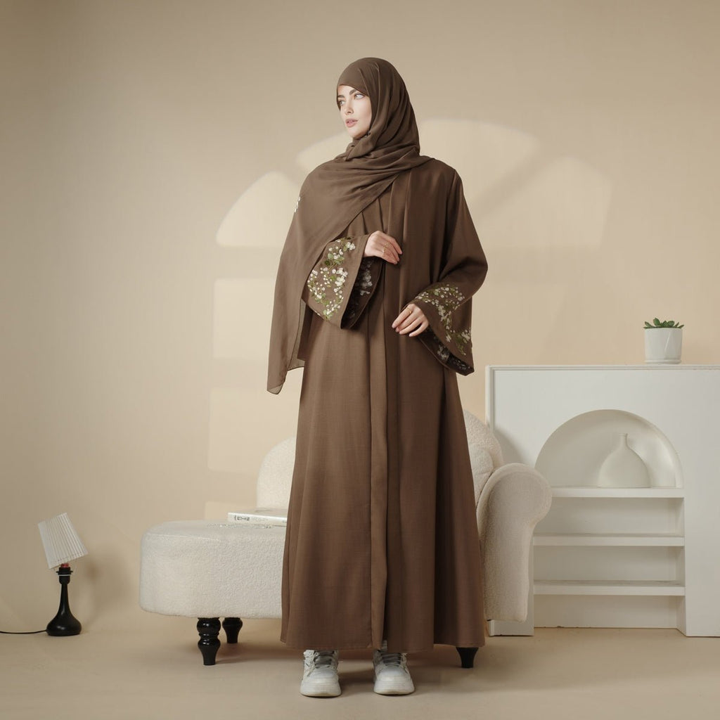 Olive Branch Embroidered Linen Abaya Set With Matching Belt & Hijab (MOA037)