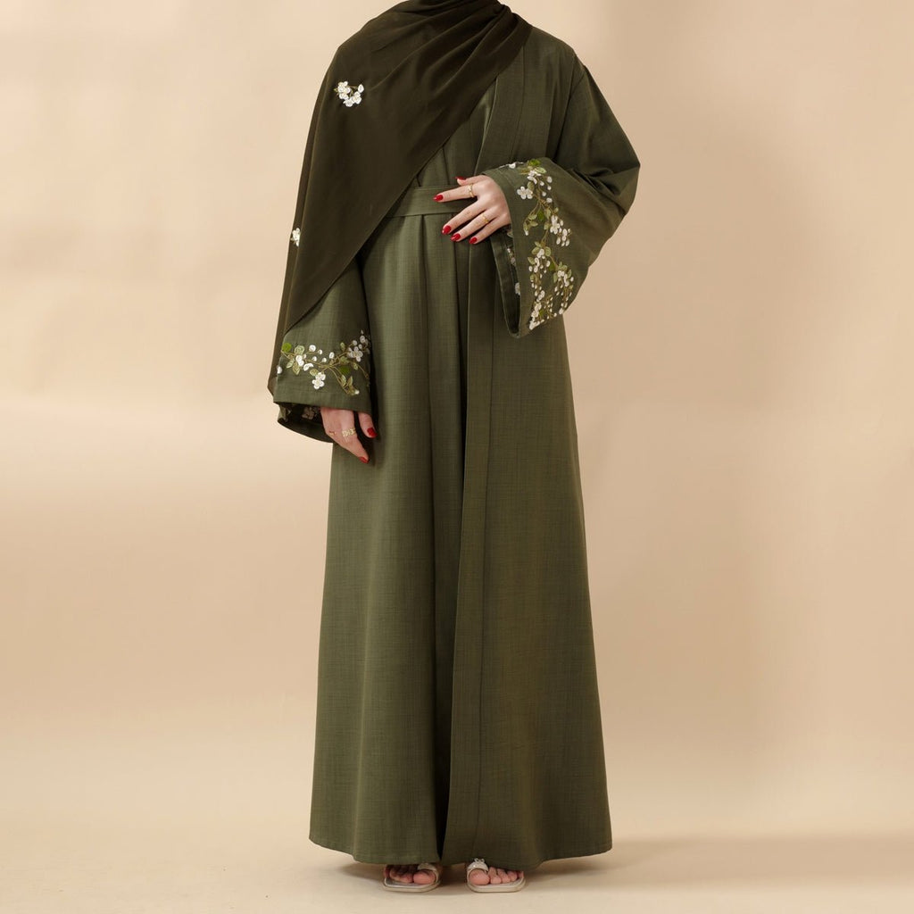 Olive Branch Embroidered Linen Abaya Set With Matching Belt & Hijab (MOA037)