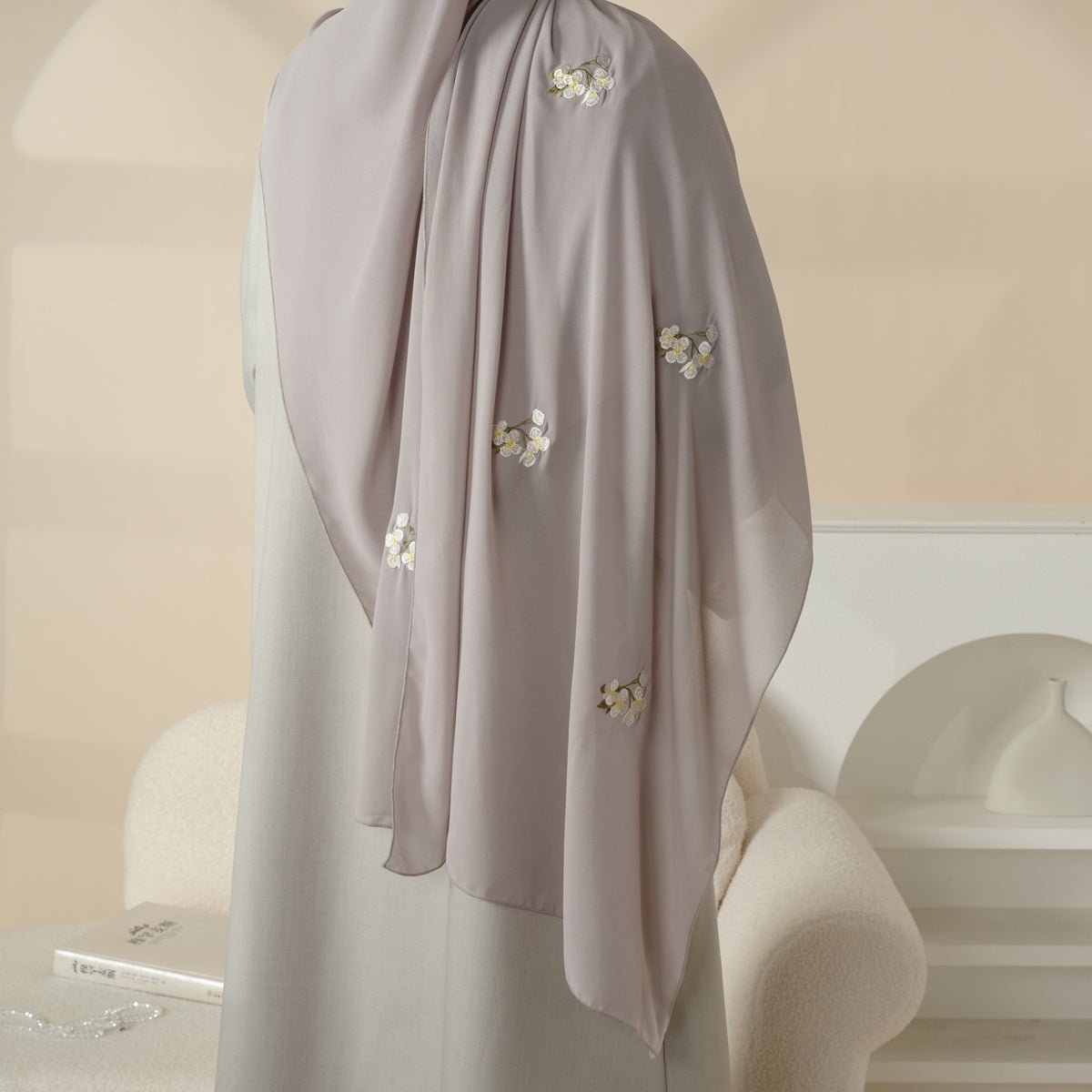 Olive Branch Embroidered Linen Abaya Set With Matching Belt & Hijab (MOA037)