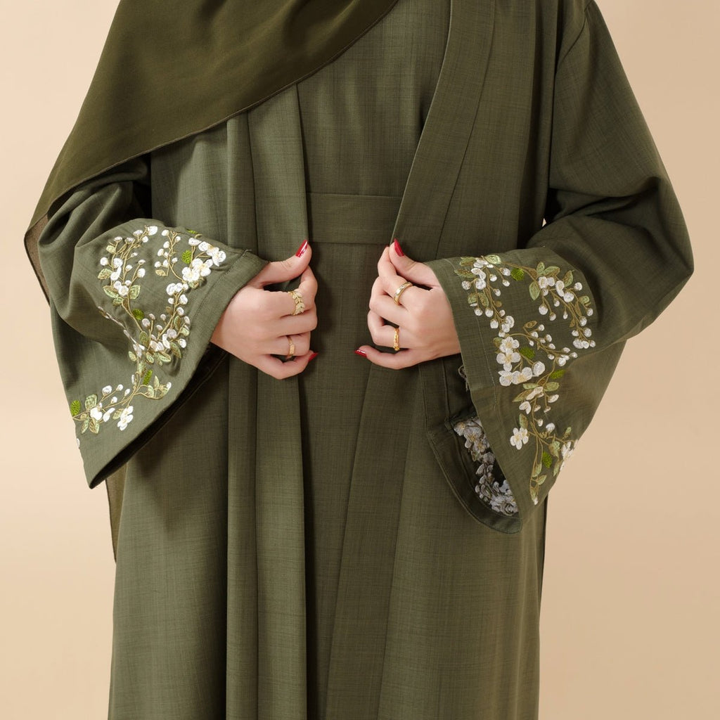 Olive Branch Embroidered Linen Abaya Set With Matching Belt & Hijab (MOA037)