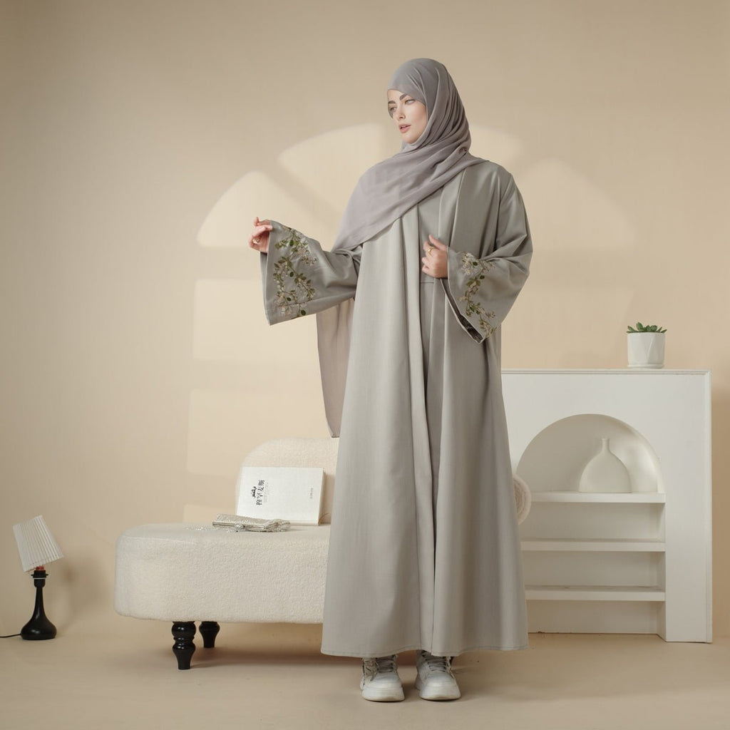 Olive Branch Embroidered Linen Abaya Set With Matching Belt & Hijab (MOA037)