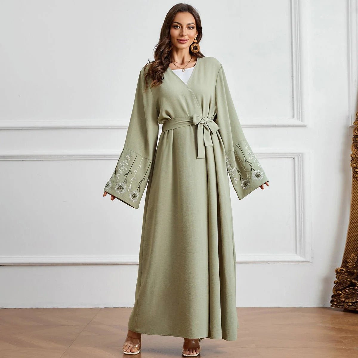 Olive Green Embroidered Abaya Set | Muslim Fashion Cardigan with Belt & Floral Embroidery (MOA166)