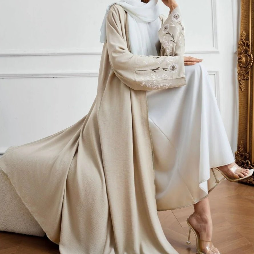 Olive Green Embroidered Abaya Set | Muslim Fashion Cardigan with Belt & Floral Embroidery (MOA166)