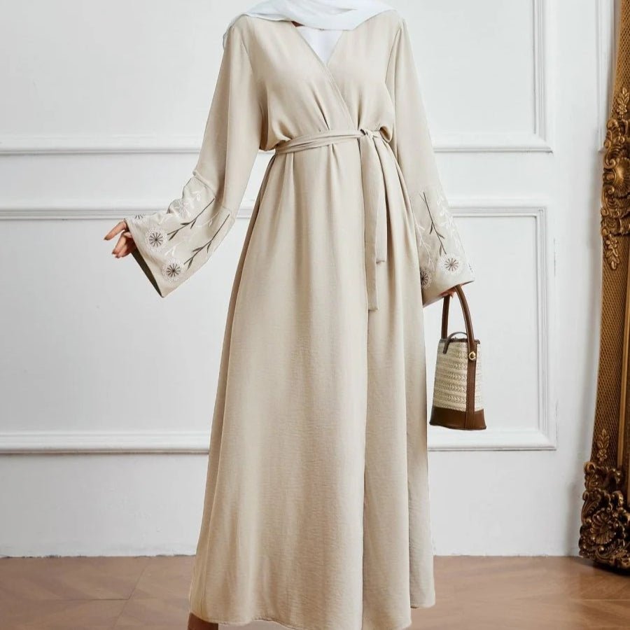Olive Green Embroidered Abaya Set | Muslim Fashion Cardigan with Belt & Floral Embroidery (MOA166)