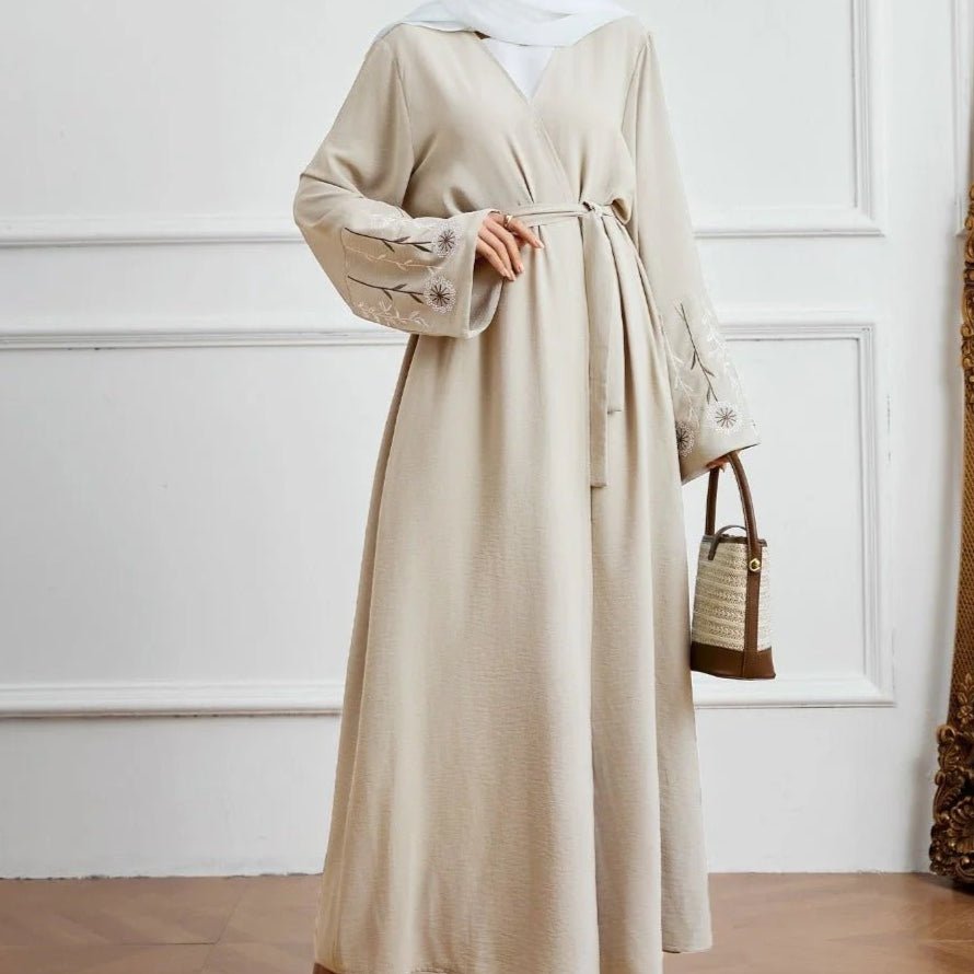 Olive Green Embroidered Abaya Set | Muslim Fashion Cardigan with Belt & Floral Embroidery (MOA166)