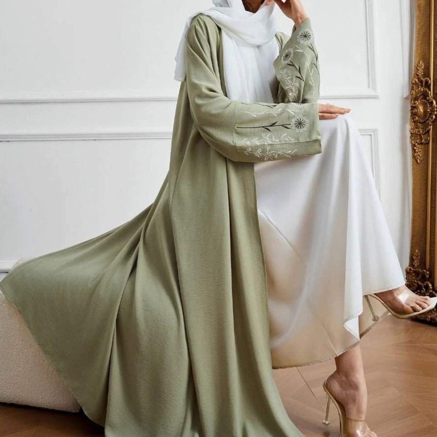 Olive Green Embroidered Abaya Set | Muslim Fashion Cardigan with Belt & Floral Embroidery (MOA166)
