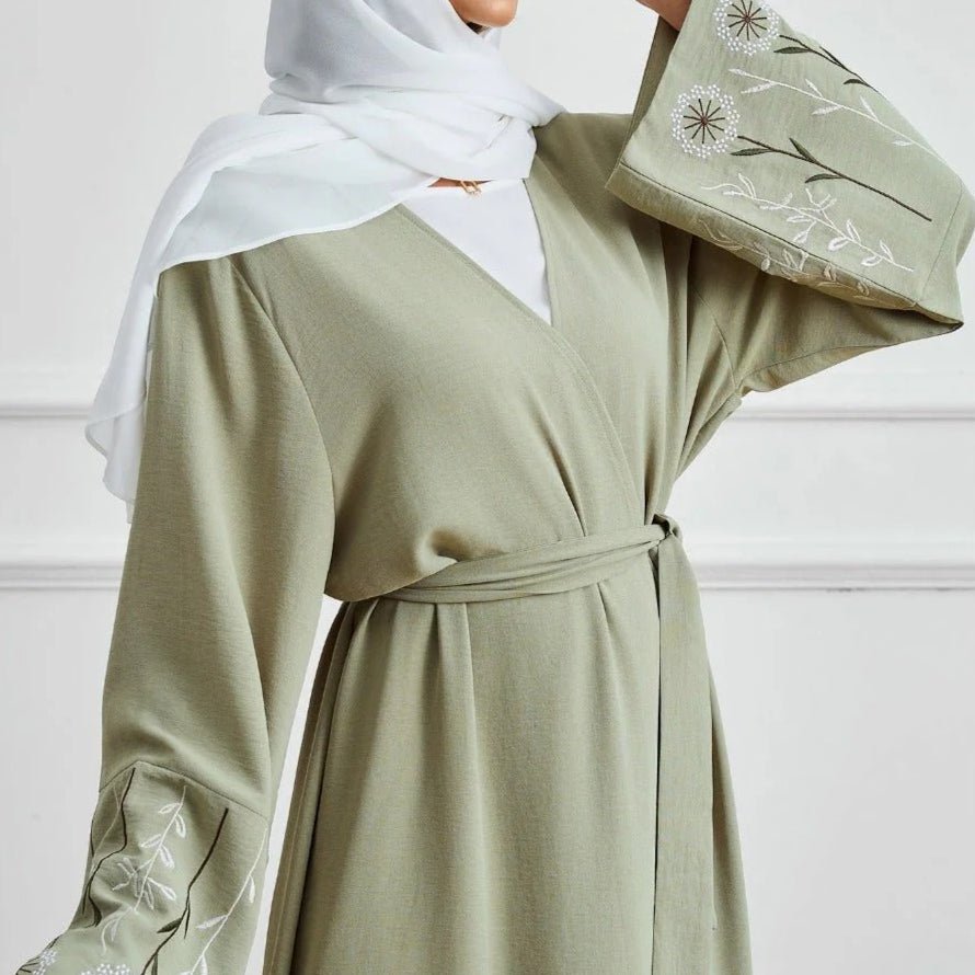 Olive Green Embroidered Abaya Set | Muslim Fashion Cardigan with Belt & Floral Embroidery (MOA166)