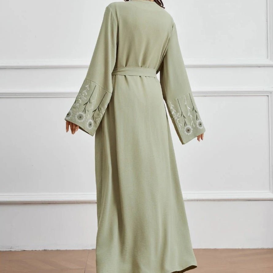 Olive Green Embroidered Abaya Set | Muslim Fashion Cardigan with Belt & Floral Embroidery (MOA166)