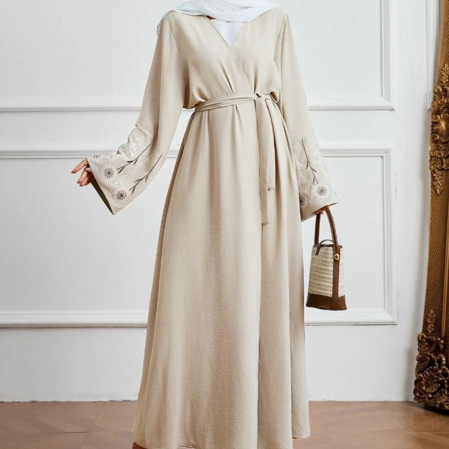 Olive Green Embroidered Abaya Set | Muslim Fashion Cardigan with Belt & Floral Embroidery (MOA166)